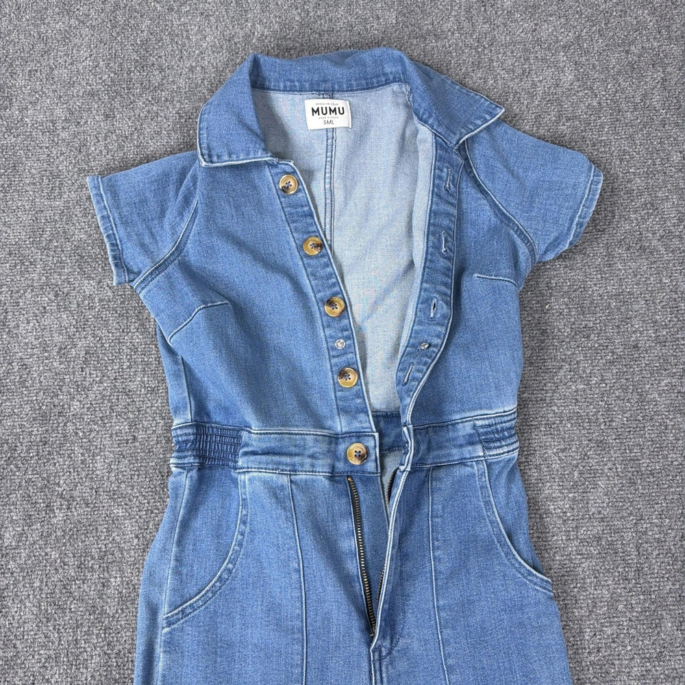 Show Me Your MuMu Medium Blue Denim Short-Sleeve Jumpsuit - Picture 12 of 13